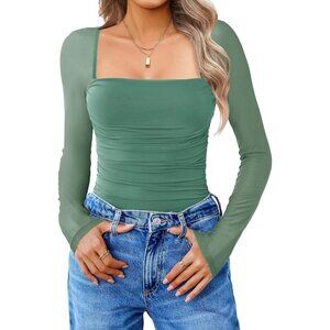 Women's Grey Green Square Mesh Neck Long Sleeve Bodysuit Shirts Sexy Sheer Tops